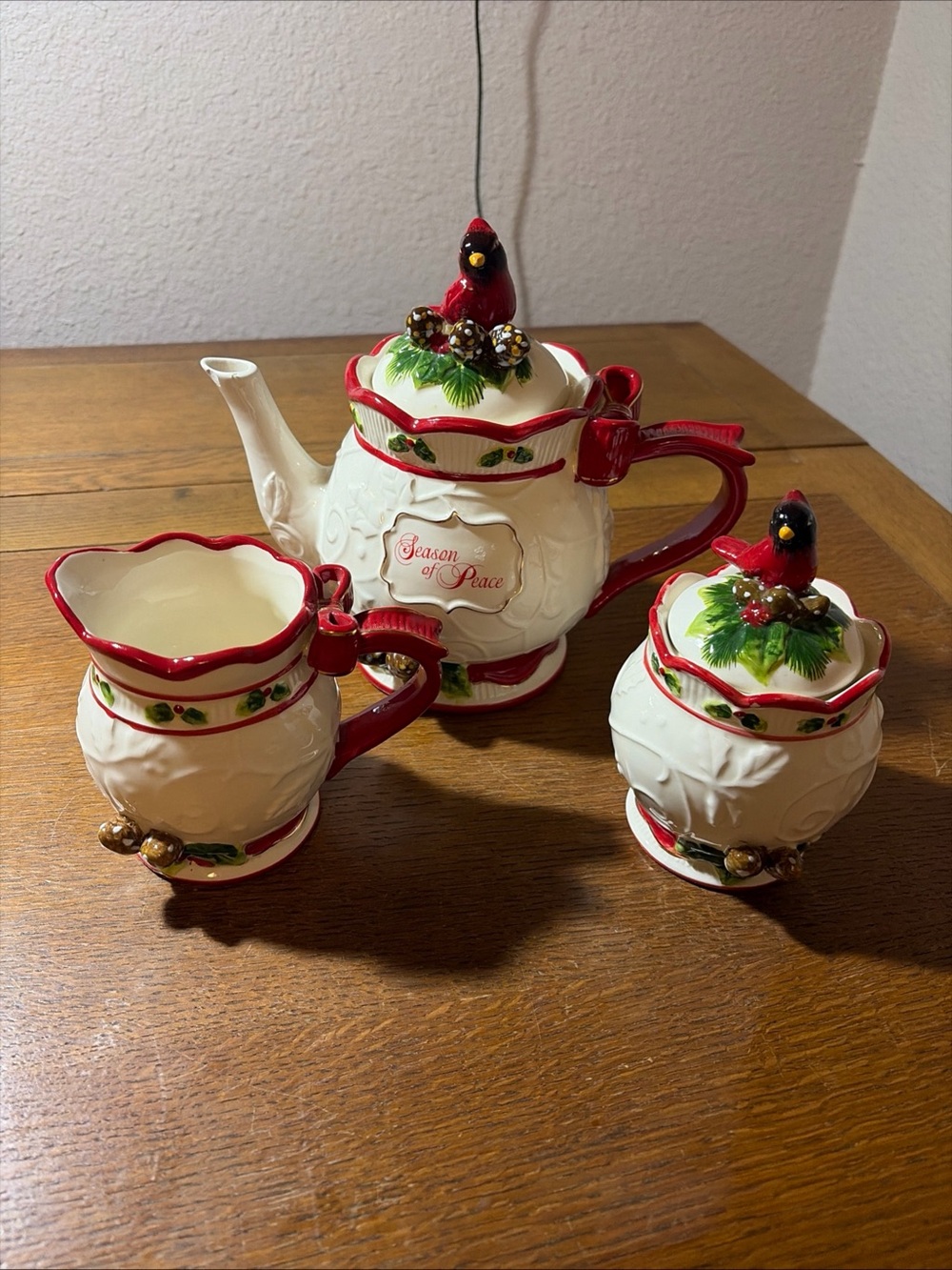 Cracker Barrel Red and White Cardinal Holiday Teapot Creamer Sugar Set
